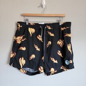 T&C Surf Design Black Yellow Flame Fire Logo Beach Swim Shorts Size Large